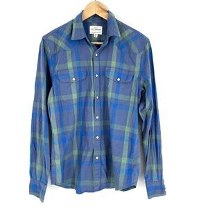 Lucky Brand Shirt Size Small Mens Green Blue Check Pearl Snap Saturday Stretch